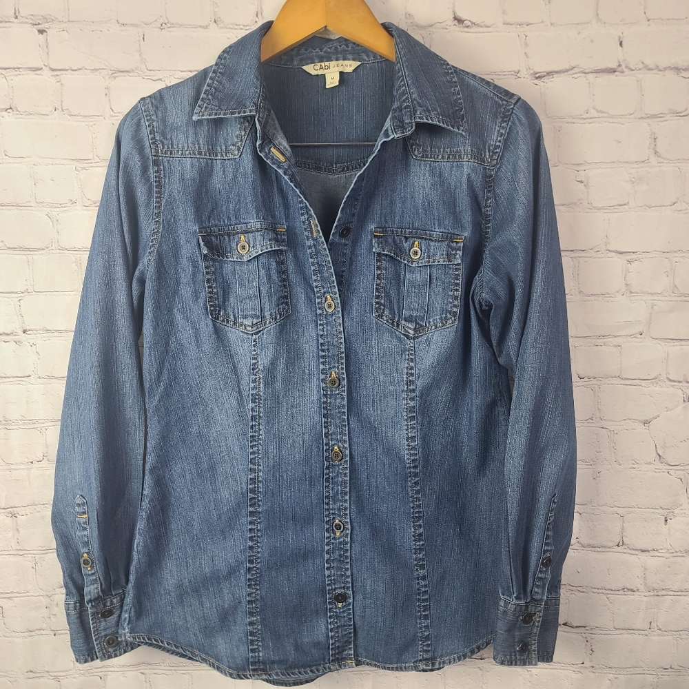 CAbi Denim Chambray Long-sleeved Button-Up # 970 Blue Med. - Picture 2 of 14